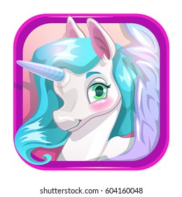 Cartoon app icon with cute unicorn face. Vector illustration.