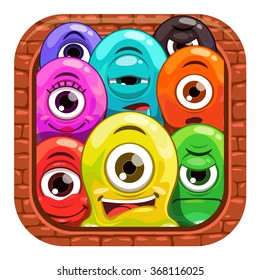Cartoon app icon design with funny jelly characters for mobile game store, vector game asset