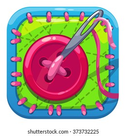 Cartoon app icon with pink button and sewing needle, vector gui asset