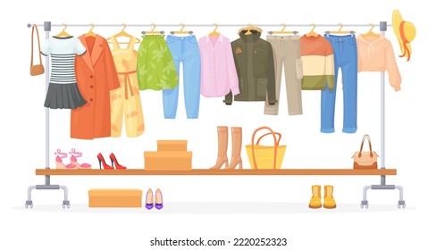 Perchas de ropa de caricatura. Diferentes ropas de moda colgando en la tienda de segunda mano del rack de percha, armario de jean ropa otoño invierno verano conjunto de caridad clara ilustración vector de prendas de moda de percha