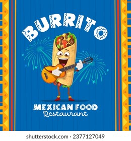 Cartoon appetizing mexican burrito mariachi musician character with guitar and fireworks. Vector restaurant promo banner with funny tex mex food personage playing traditional holiday rhythms of Mexico