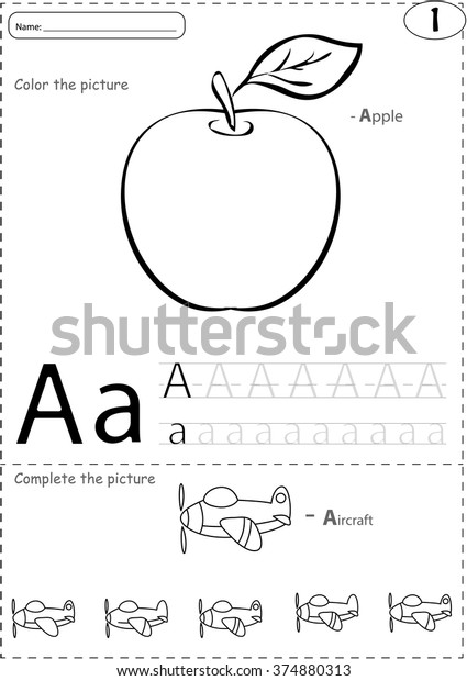 Cartoon Apple Aircraft Alphabet Tracing Worksheet Stock Vector Royalty Free
