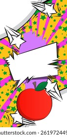 Cartoon Apple with blank speech bubble, comic book Fruit background. Retro vector comics pop art design.