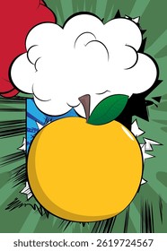 Cartoon Apple with blank speech bubble, comic book Fruit background. Retro vector comics pop art design.