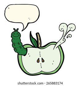manzana de caricatura con insecto con burbuja de habla