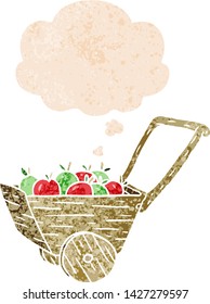 cartoon apple cart with thought bubble in grunge distressed retro textured style