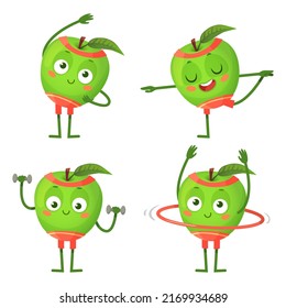 Cartoon Apple Character Do Fitness And Sport. Vector Characters Fitness And Sport, Illustration Of Cartoon Fruit Apple Food