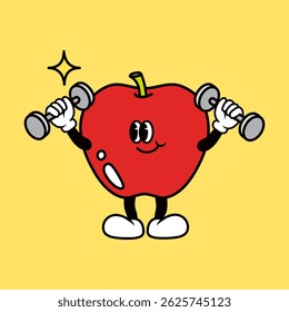 Cartoon apple character lifting dumbbells. Smiling apple with weights. Cute apple exercising. Fitness on yellow background. Apple workout illustration. Fruit illustration vector.