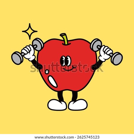 Cartoon apple character lifting dumbbells. Smiling apple with weights. Cute apple exercising. Fitness on yellow background. Apple workout illustration. Fruit illustration vector.