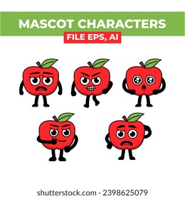 Cartoon apple character set with various expressions. Suitable for children's books, educational materials, food packaging, and animation projects. Fun, versatile, and engaging design asset.