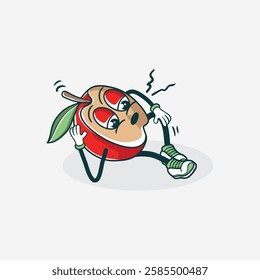 A cartoon apple character is shown doing leg exercises but looks tired and in pain.