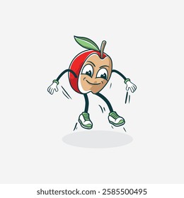A cartoon apple character with a smiling face is depicted joyfully jumping in the air while wearing sneakers.