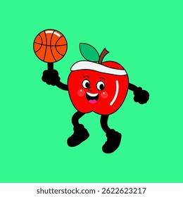 A cartoon apple character, wearing a headband, is depicted in a dynamic pose, holding a basketball.