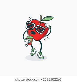 A cartoon apple character wearing sunglasses enjoys a cool drink while casually standing.