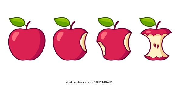 Cartoon apple eating set. Whole, bite stages and leftover core. Isolated vector clip art illustration.