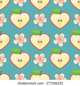 Cartoon Apple Flowers and apple in heart shaped n the blue.Vector seamless pattern ,background, packing,Wallpaper,fabric,children's figure. Pastel colors,shebi chic.