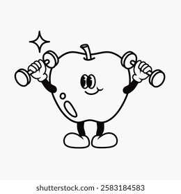 Cartoon apple lifting weights, smiling. Fitness apple character, exercise happy a Black and white illustration of with dumbbells. Line art illustration vector.