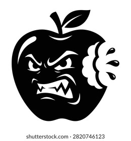 A cartoon apple with a menacing face and clenched fist, conveying anger and aggression in a simple black and white design