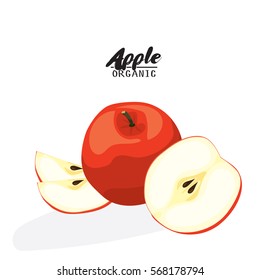 Cartoon apple. Ripe red fruit. Vegetarian delicious. Eco organic food. Flat vector design, isolated on white background.