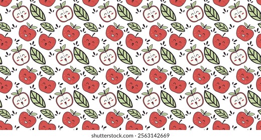 Cartoon Apple Seamless Pattern. Kawaii Red Apple and Leaves. Fabric and Wrapping Print Design, Vector Background