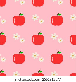 Cartoon apple seamless pattern. Red apples and blossom floral. Blooming garden, fabric and wrapping print design, racy vector background