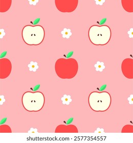 Cartoon apple seamless pattern. Red apples and blossom floral.