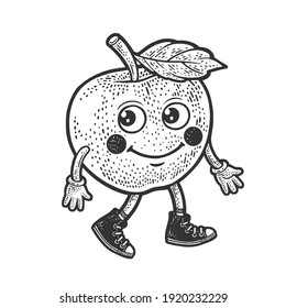 Cartoon apple sketch engraving vector illustration. T-shirt apparel print design. Scratch board imitation. Black and white hand drawn image.