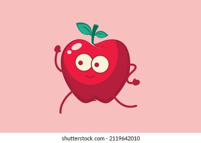 manzana caricaturista sonriendo Cute divertido por la educación, logo de personaje de mascota, icono de ilustración de dibujos animados planos, ilustración de libros para niños, concepto de pegatinas.