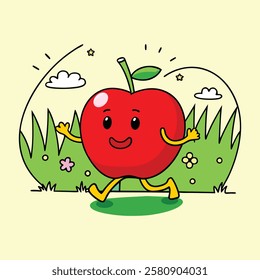 Cartoon apple with a smiling worm on a red fruit with a cute face, green leaf, and fresh, healthy nature vibes