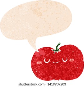 cartoon apple with speech bubble in grunge distressed retro textured style
