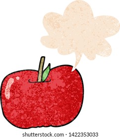 manzana de dibujos animados con burbuja de habla en un estilo retro angustiado con textura grunge