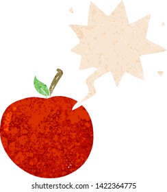 manzana de dibujos animados con burbuja de habla en un estilo retro angustiado con textura grunge