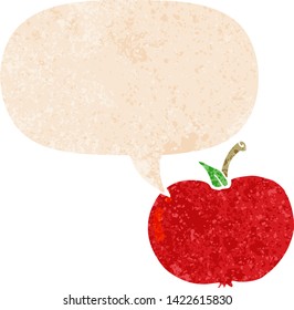 cartoon apple with speech bubble in grunge distressed retro textured style