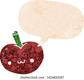 cartoon apple with speech bubble in grunge distressed retro textured style