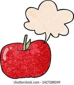 manzana de dibujos animados con burbuja de habla en estilo de textura retro