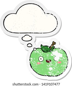 cartoon apple with thought bubble as a distressed worn sticker