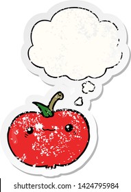 manzana de caricatura con burbuja de pensamiento como pegatina gastada angustiada