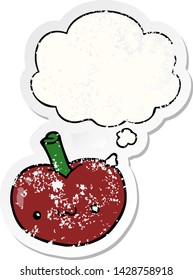 cartoon apple with thought bubble as a distressed worn sticker