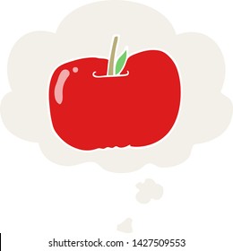 manzana de caricatura con burbuja de pensamiento en estilo retro
