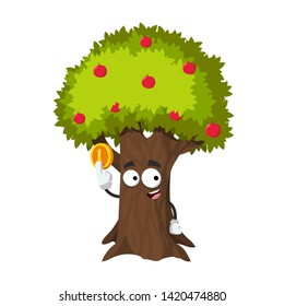 cartoon apple tree full of red apples mascot keeps the coin on white background