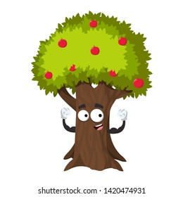 cartoon apple tree full of red apples mascot shows its strength on a white background