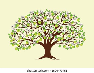 Cartoon apple tree with green apples, flowers and leaves isolated on the white background.  Cartoon illustration for children books, home art, decoration wall, logo, labels and cards design. eps 10
