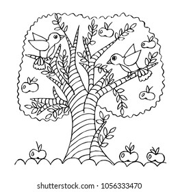Cartoon apple tree isolated on white background. For coloring book and other design.