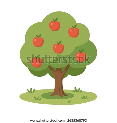 Cartoon apple tree with red fruit stands on green grass, apple symbolizes harvest and nature, tree perfect for farming visuals, kids books, and seasonal educational content.