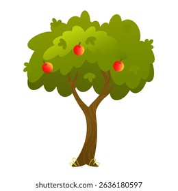 Cartoon apple tree with red fruits. Farm-themed tree illustration for childrens books, games, seasonal harvest scenes and educational materials. Vector illustration