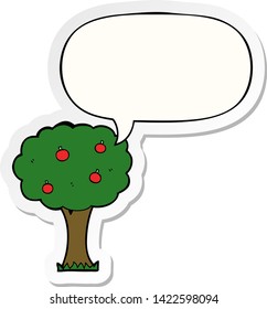 árbol de manzanas de dibujos animados con pegatina de burbujas de habla