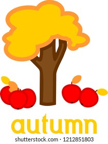 Cartoon apple tree with yellowed leaves and ripe red apples that fell on the ground