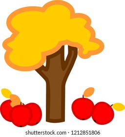 Cartoon apple tree with yellowed leaves and ripe red apples that fell on the ground