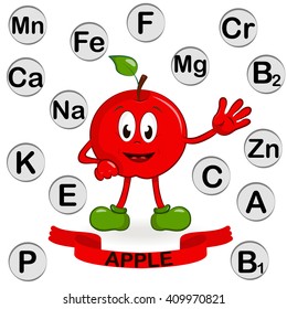 Cartoon apple with vitamins and minerals. Vector illustration