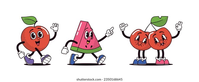 Manzana de caricaturas, sandía, personajes retro de cerezas en estilo Funky. Jugoso y saludable personal de comida para el menú del libro o del niño